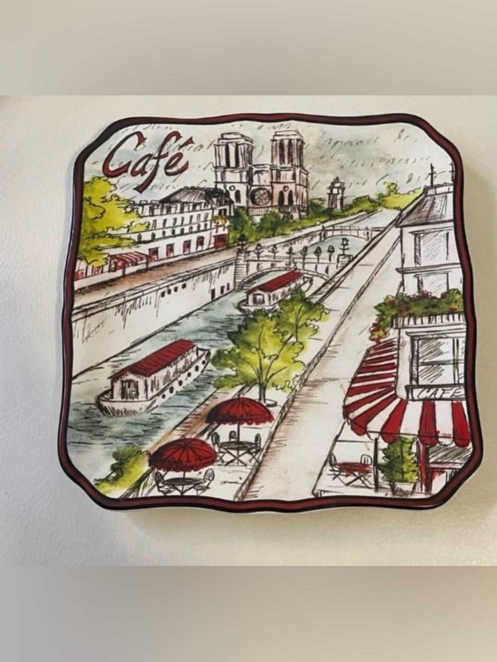 Cafe Riverfront Scenic Print Decorative Plate with Red Accents 8”x9”